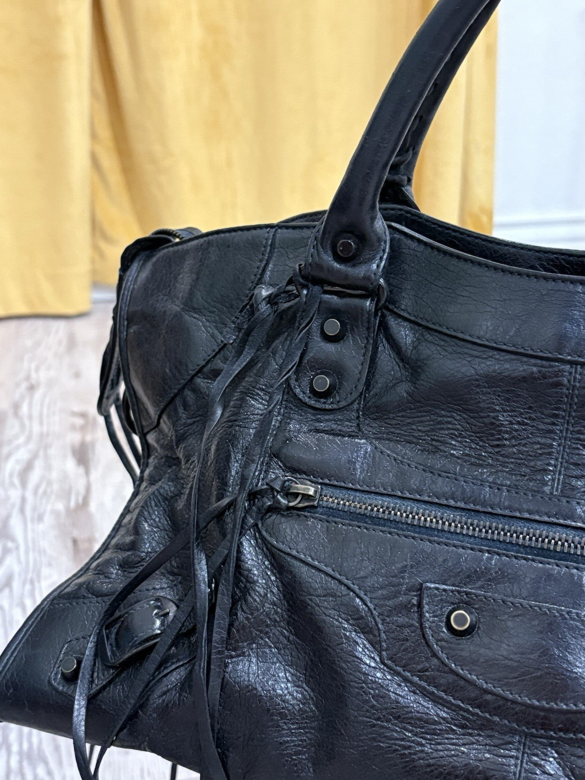 Balenciaga Black Biker Bag Distressed Shoulder Bag Mirror Studded Tassel