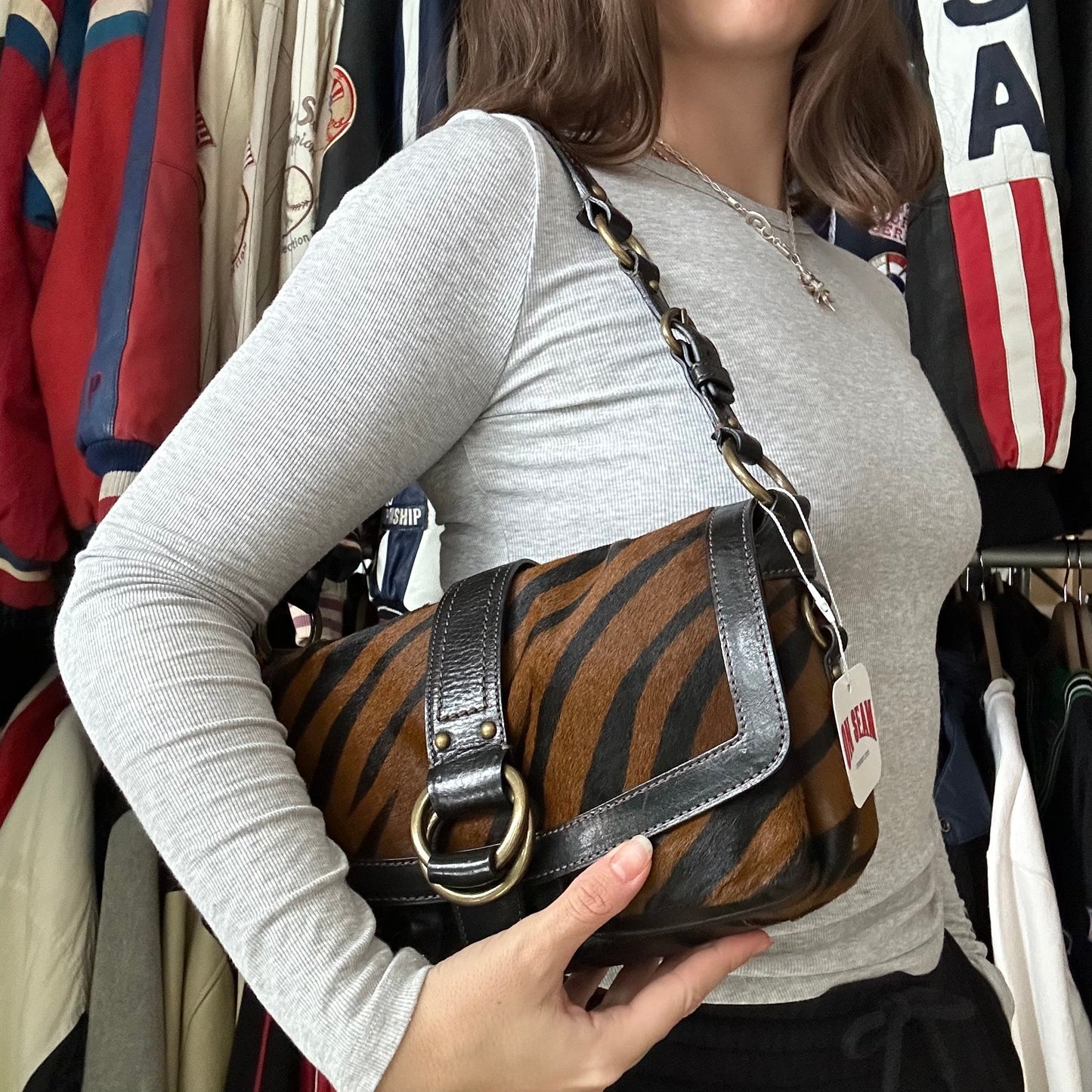 rare vintage y2k coach tiger print pony hair shoulder bag