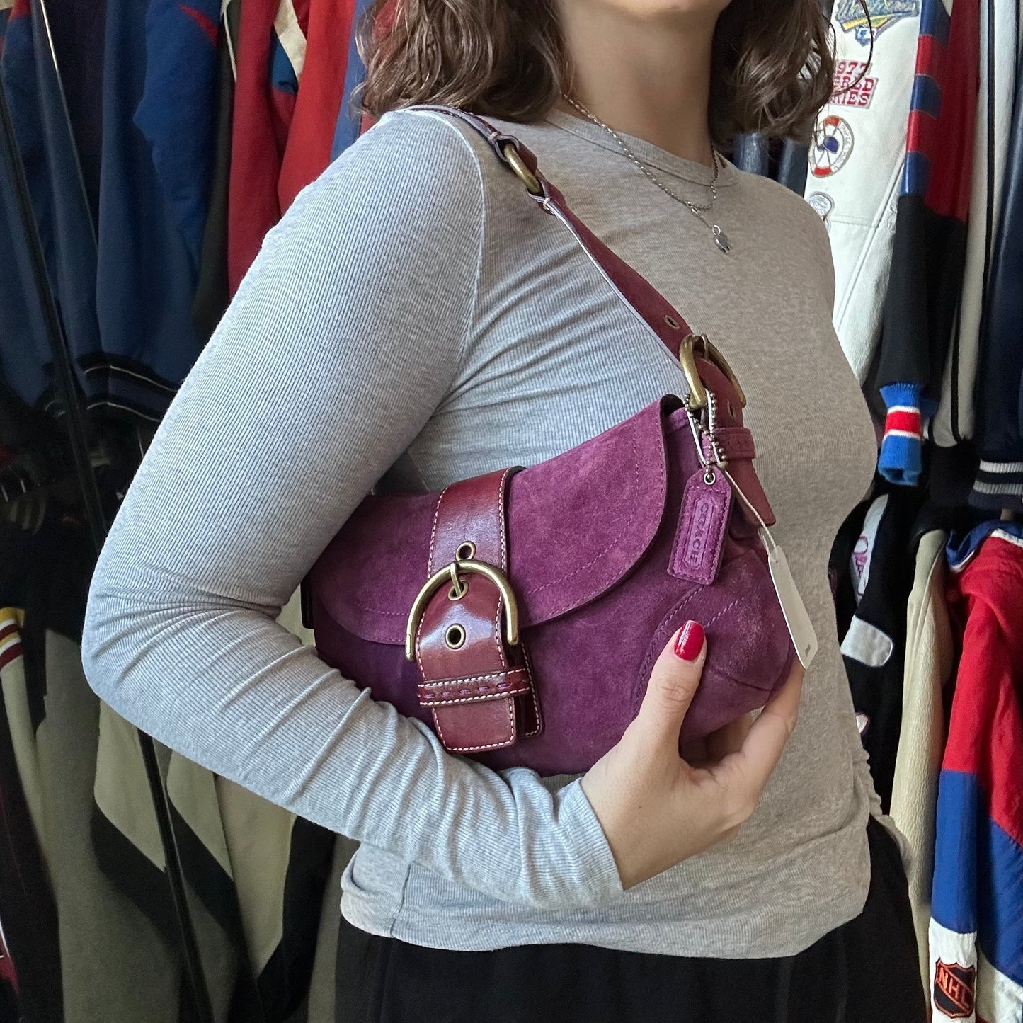vintage purple suede coach soho shoulder bag