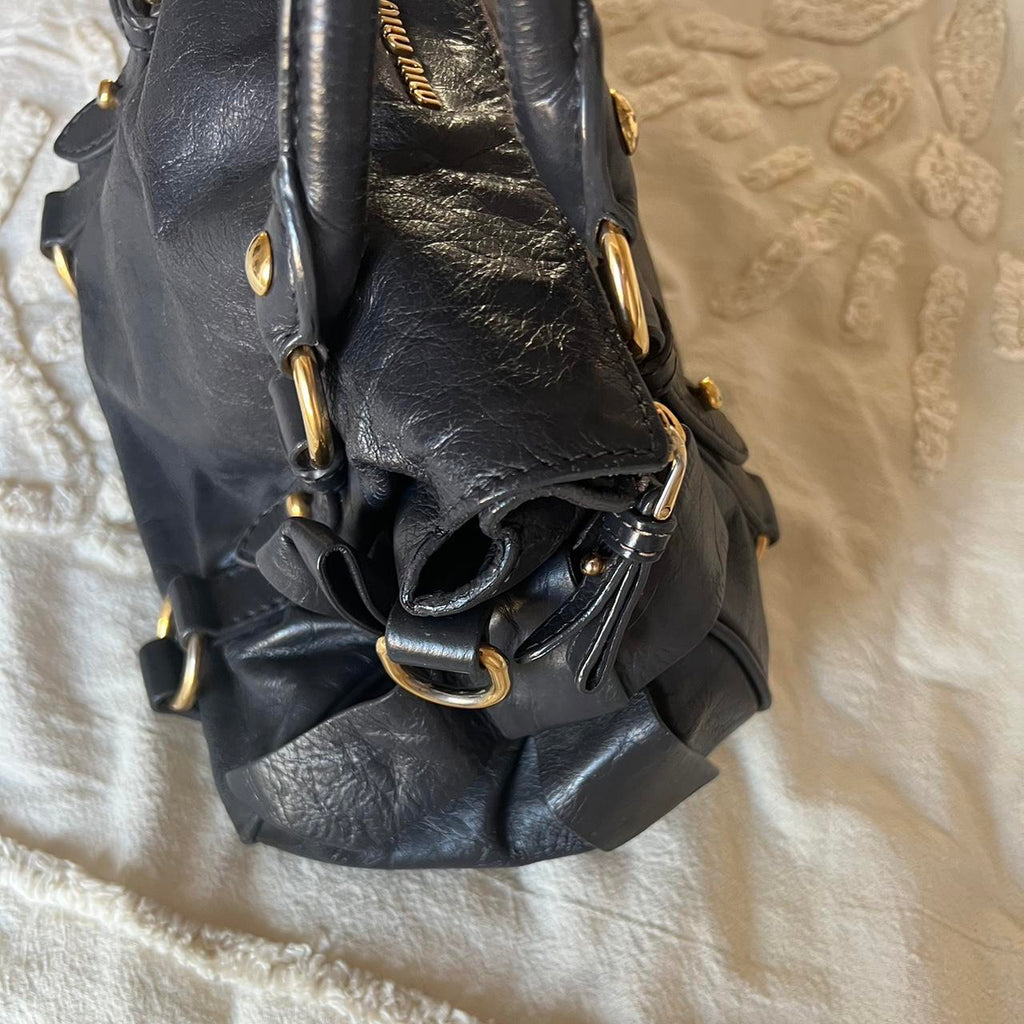 Authentic Miu Miu Vitello Lux Bow Mini Bag – Black