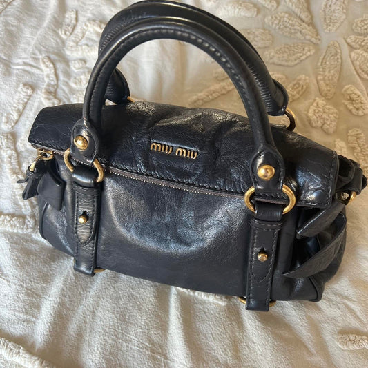 Authentic Miu Miu Vitello Lux Bow Mini Bag – Black