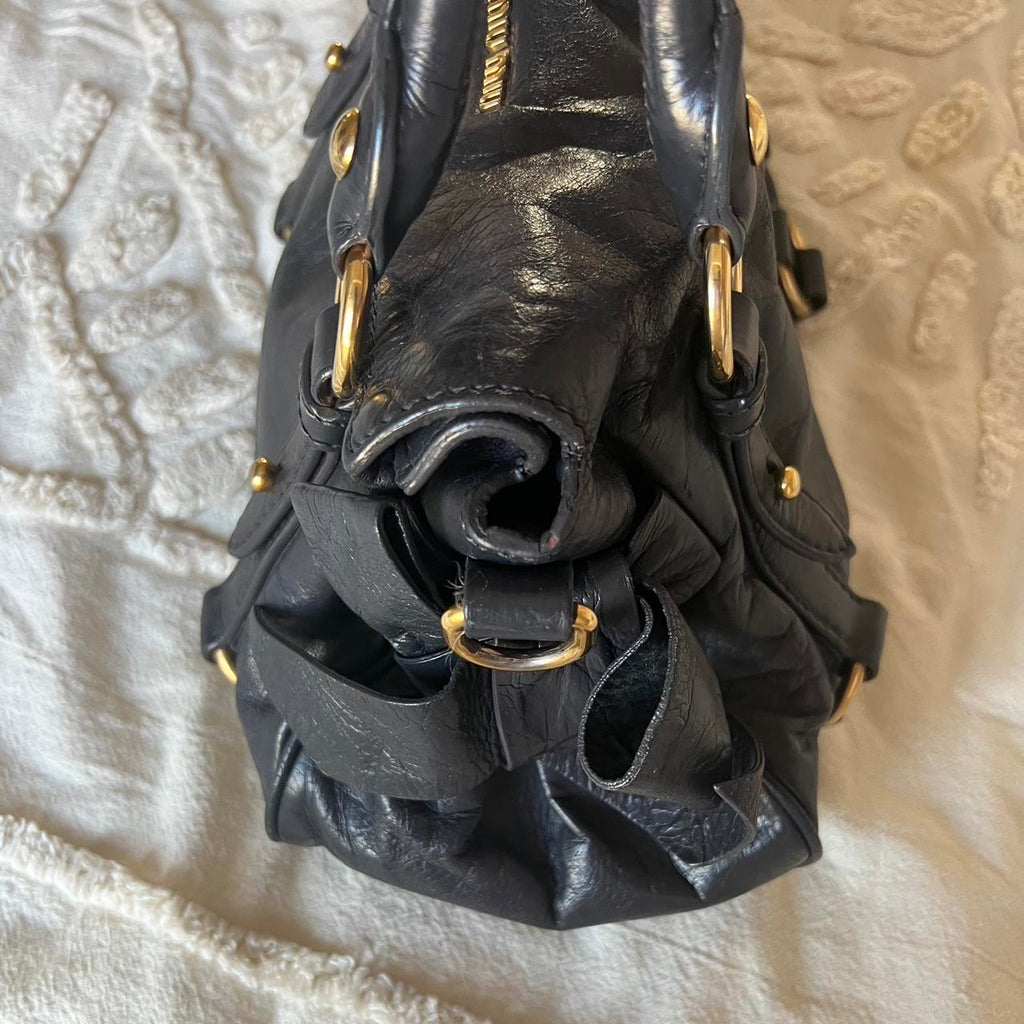 Authentic Miu Miu Vitello Lux Bow Mini Bag – Black