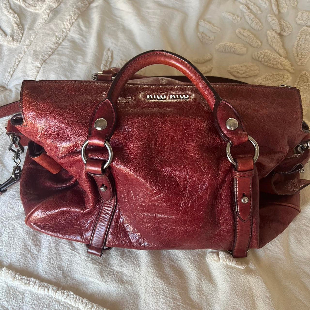 Authentic Miu Miu Vitello Lux Bow Mini Bag – Burgundy