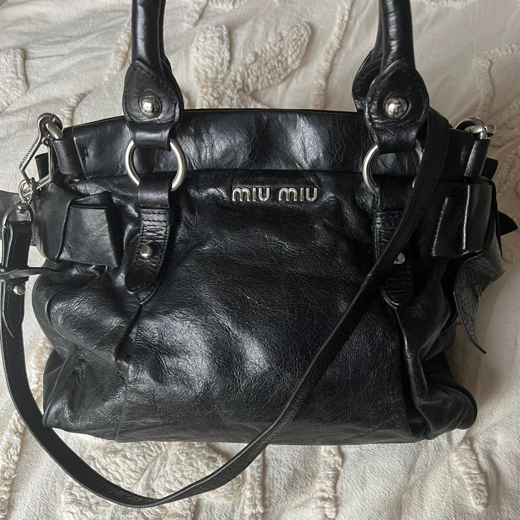 Authentic Miu Miu Vitello Lux Bow Mini Bag – Black