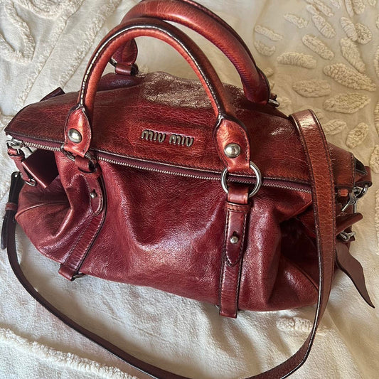 Authentic Miu Miu Vitello Lux Bow Mini Bag – Burgundy