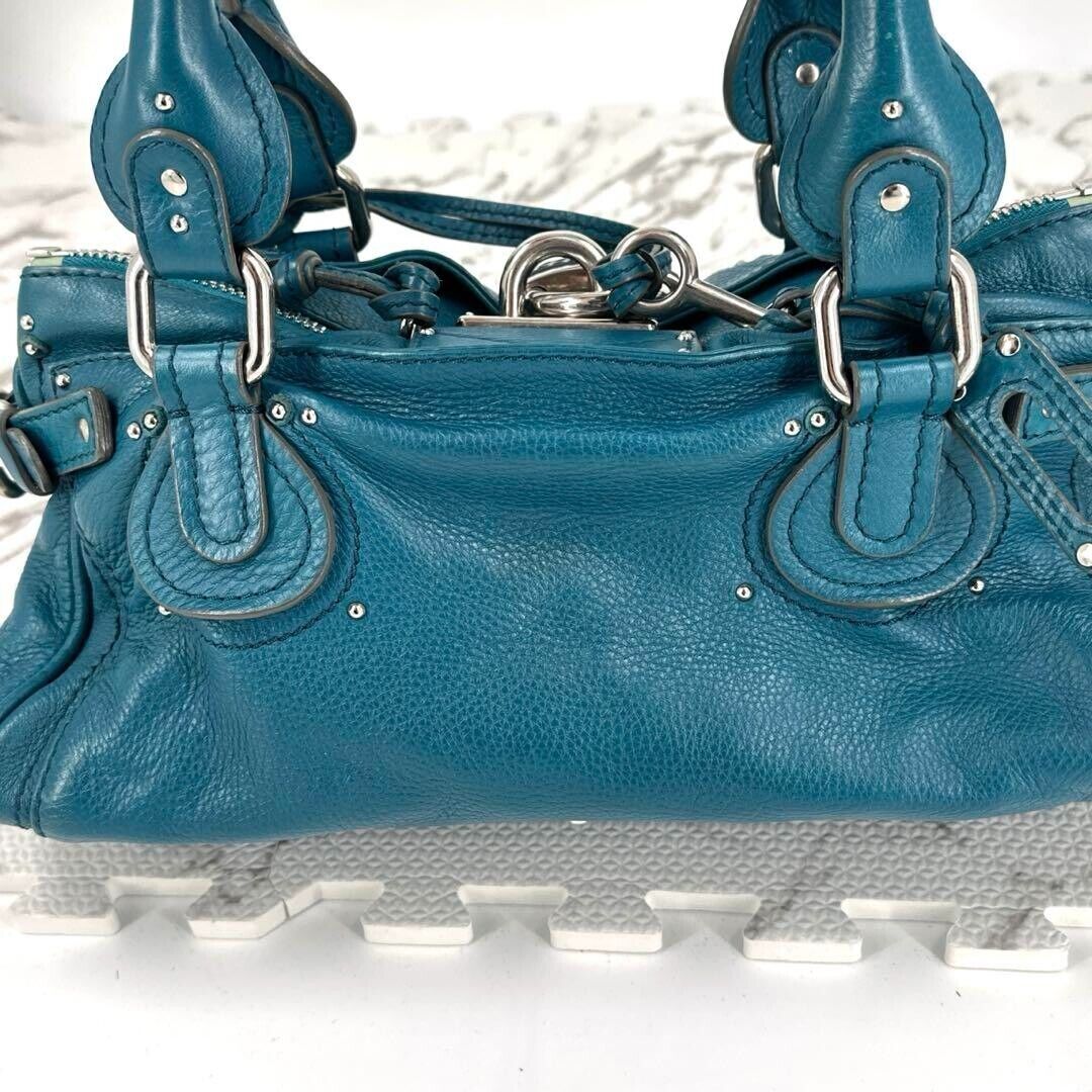 Chloe paddington silver padlock key hand bag blue leather used 2501m
