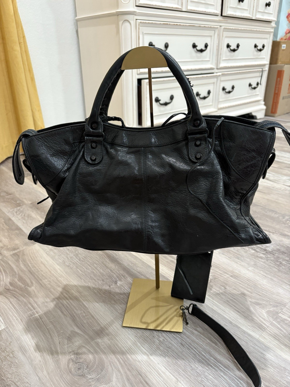 Balenciaga Black Biker Bag Distressed Shoulder Bag Mirror Studded Tassel