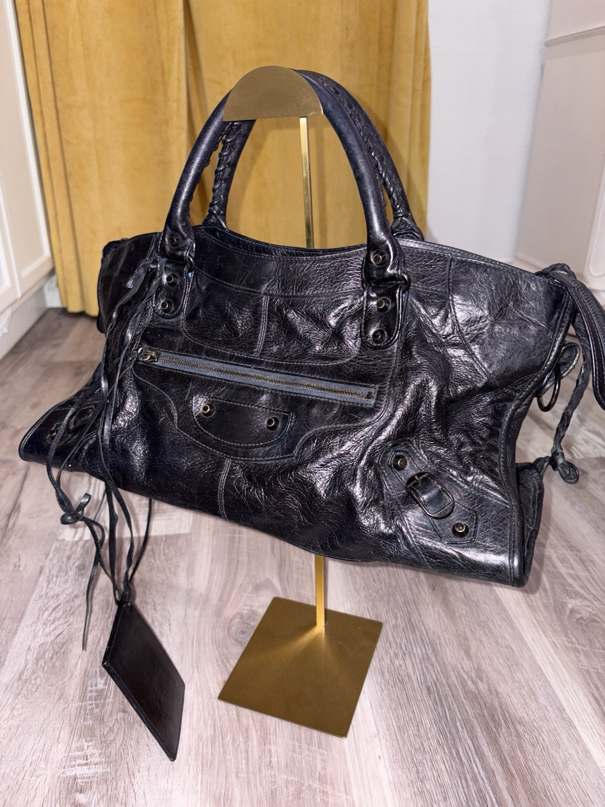 Balenciaga Black Biker Bag Distressed Shoulder Bag Mirror Studded Tassel