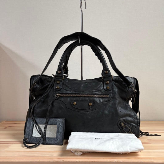 BALENCIAGA The City 2way Handbag Shoulder Bag Leather Black Used #YI