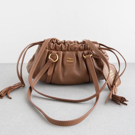 MIU MIU Joie Mini Shoulder Bag Brown Nappa Lambskin Leather Gold Handbag