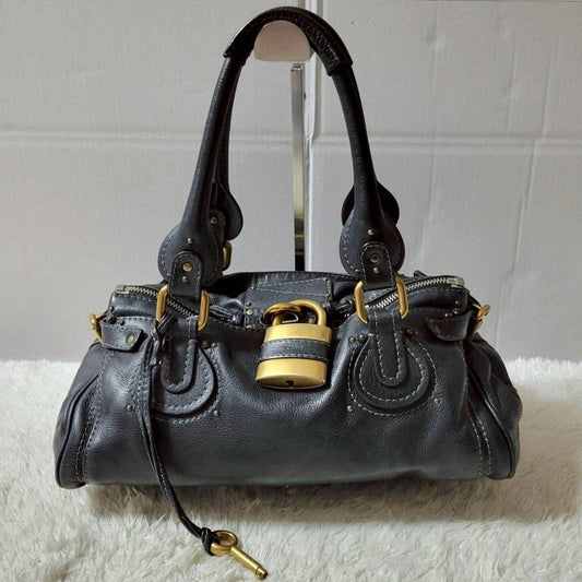 Chloe Paddington Hand Bag Black Leather Padlock Key Shoulder Vintage Used