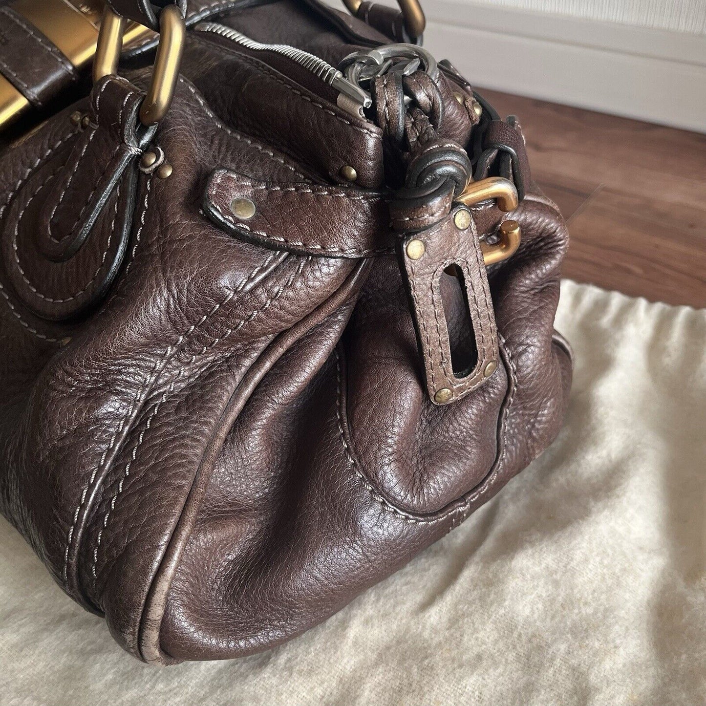 Chloe paddington leather hand bag dark brown leather medium padlock key f s