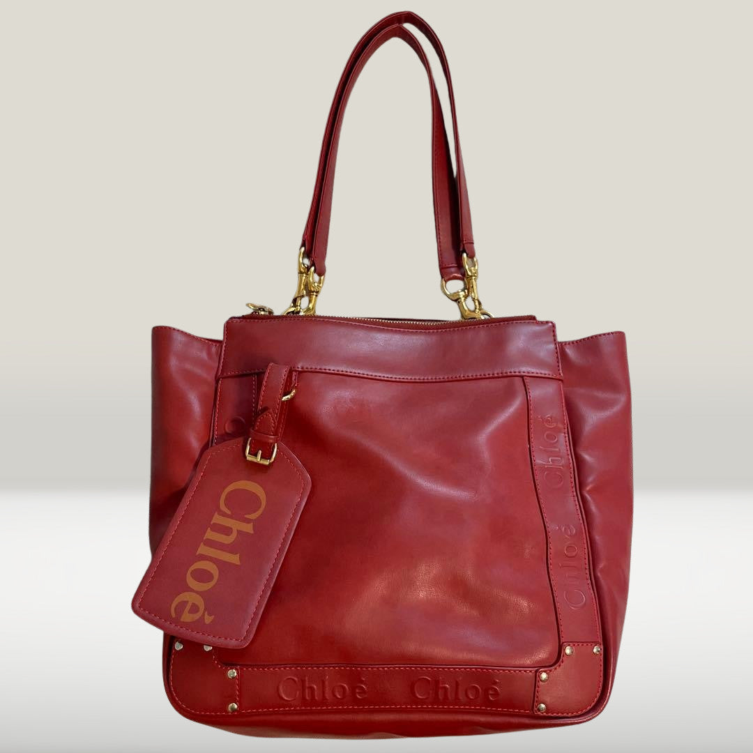 Authentic Chloe Eden Tote Shoulder Bag Red Leather Women's Logo Gold