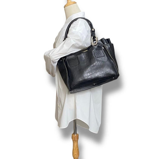 Auth Chloe Black Leather Turn Lock Tote Bag Vintage Shoulder Bag A4 Large Japan