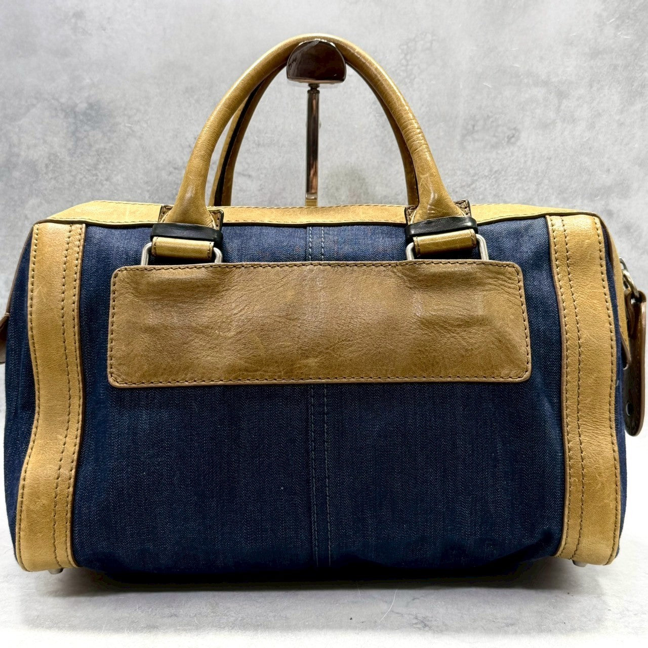 Chloé Authentic Denim Canvas Boston Bag with Leather Trim Embossed Logo