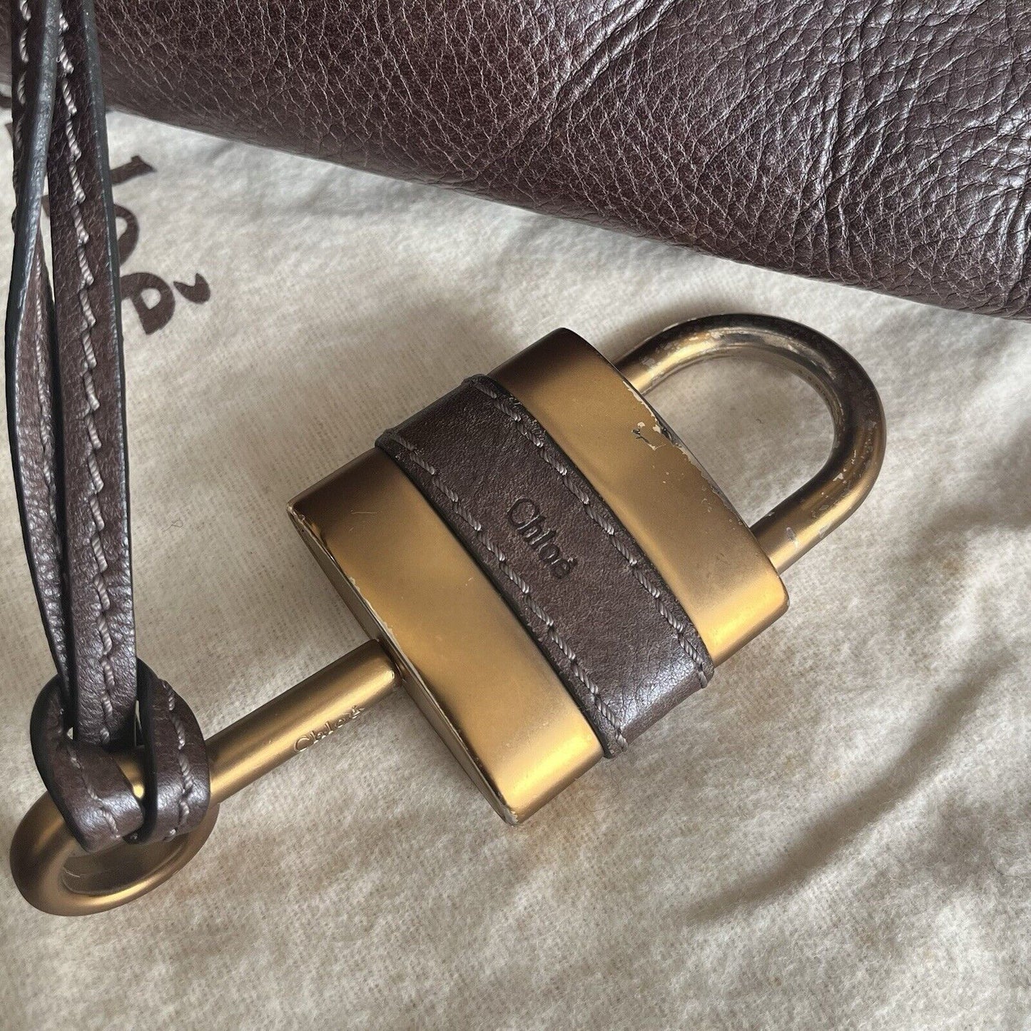 Chloe paddington leather hand bag dark brown leather medium padlock key f s