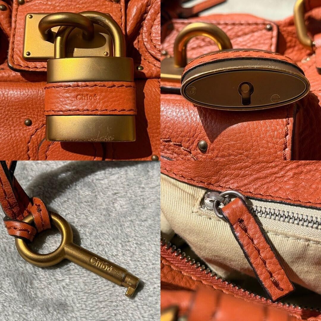 Chloe paddington gold padlock key orange hand bag grained leather used 2501m