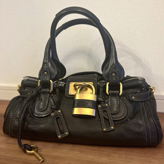 mint Chloe paddington leather hand bag black leather medium padlock key f s