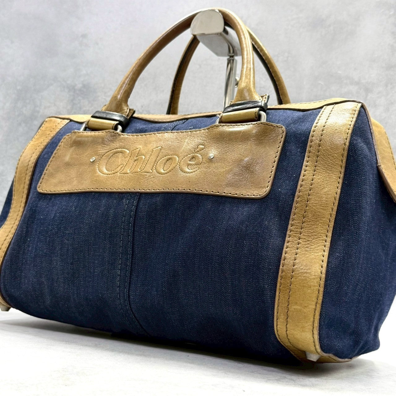 Chloé Authentic Denim Canvas Boston Bag with Leather Trim Embossed Logo