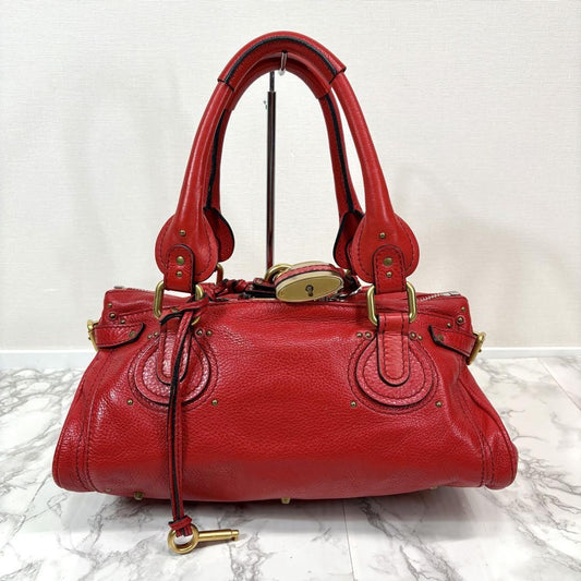 Chloe paddington hand bag leather red padlock key used 32915