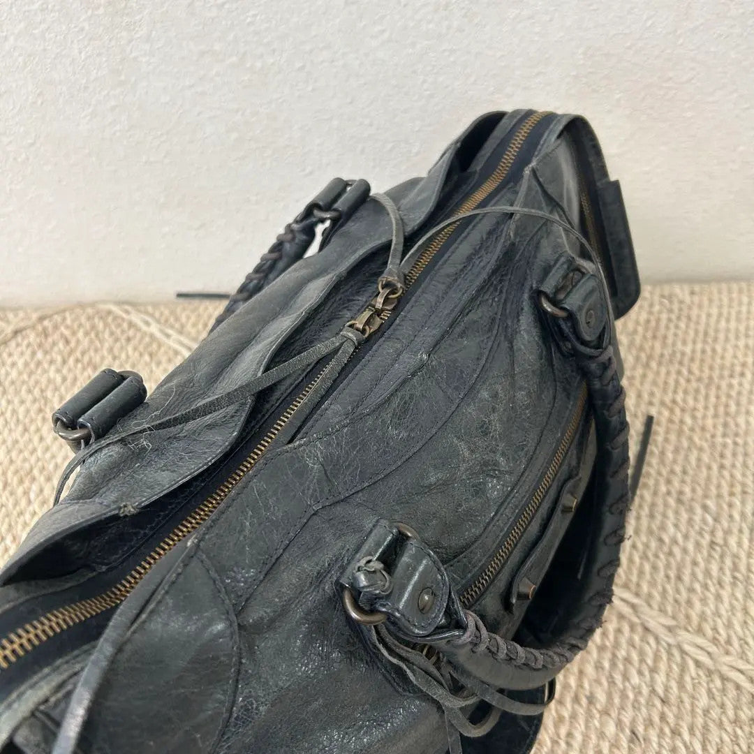 Auth Balenciaga The City 115748 Bag Black Navy leather w/ mirror , strap