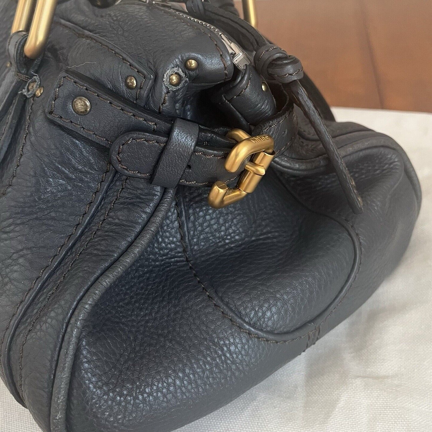 Chloe paddington leather hand bag dark gray leather medium padlock key card f s