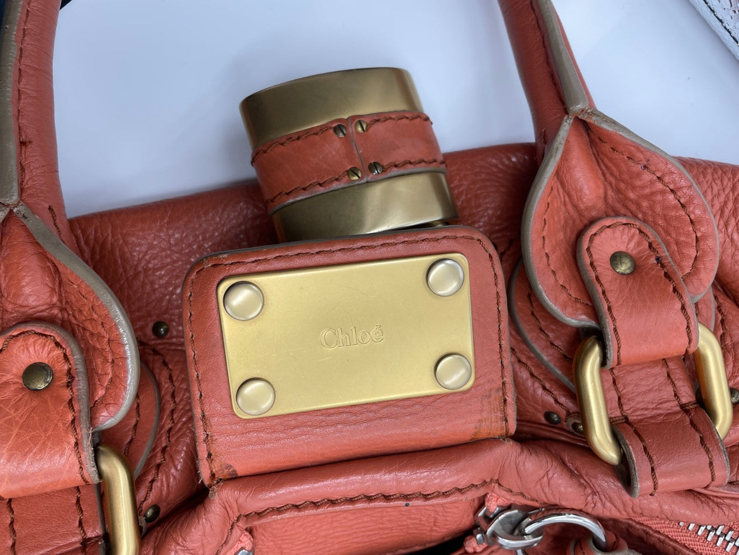 Chloe Paddington Handbag Shoulder Bag Red Orange Padlock Leather Key Auth 251010