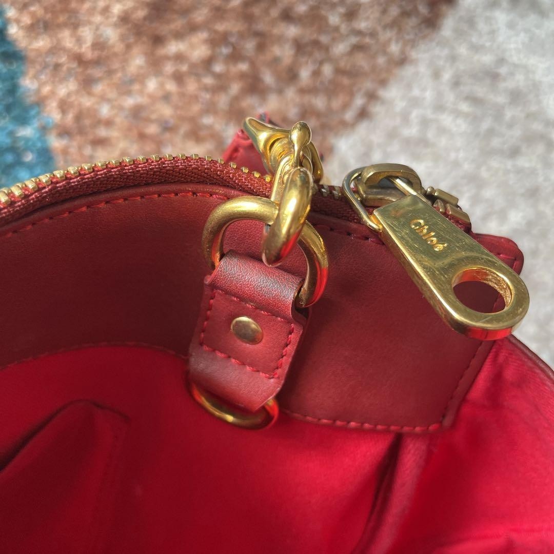 Authentic Chloe Eden Tote Shoulder Bag Red Leather Women's Logo Gold