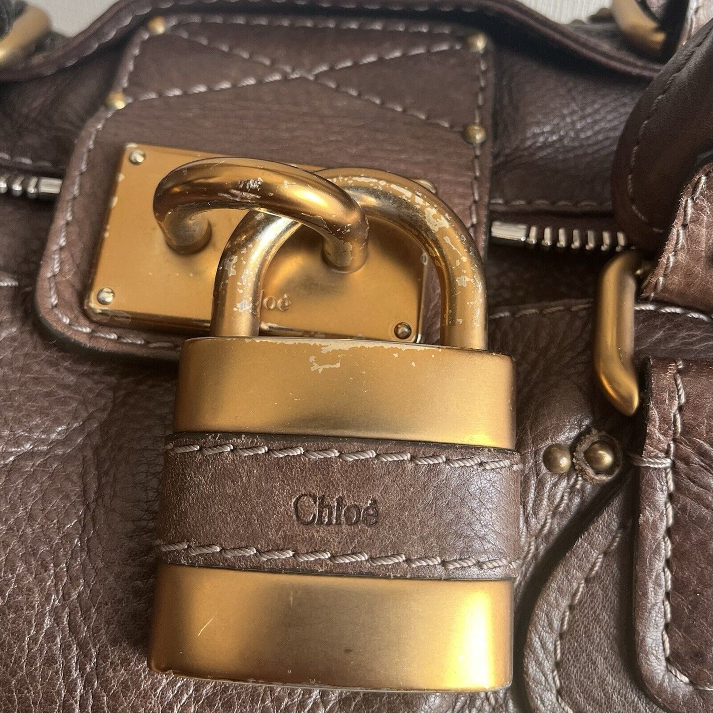 Chloe paddington leather hand bag dark brown leather medium padlock key f s