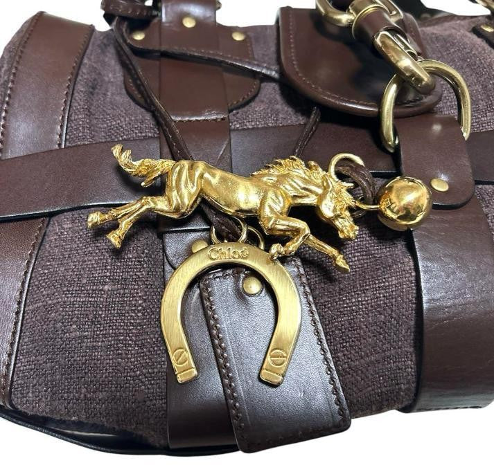RARE Chloe Kerala brown Canvas Leather Handbag Tote Bag Gold Horse Charm