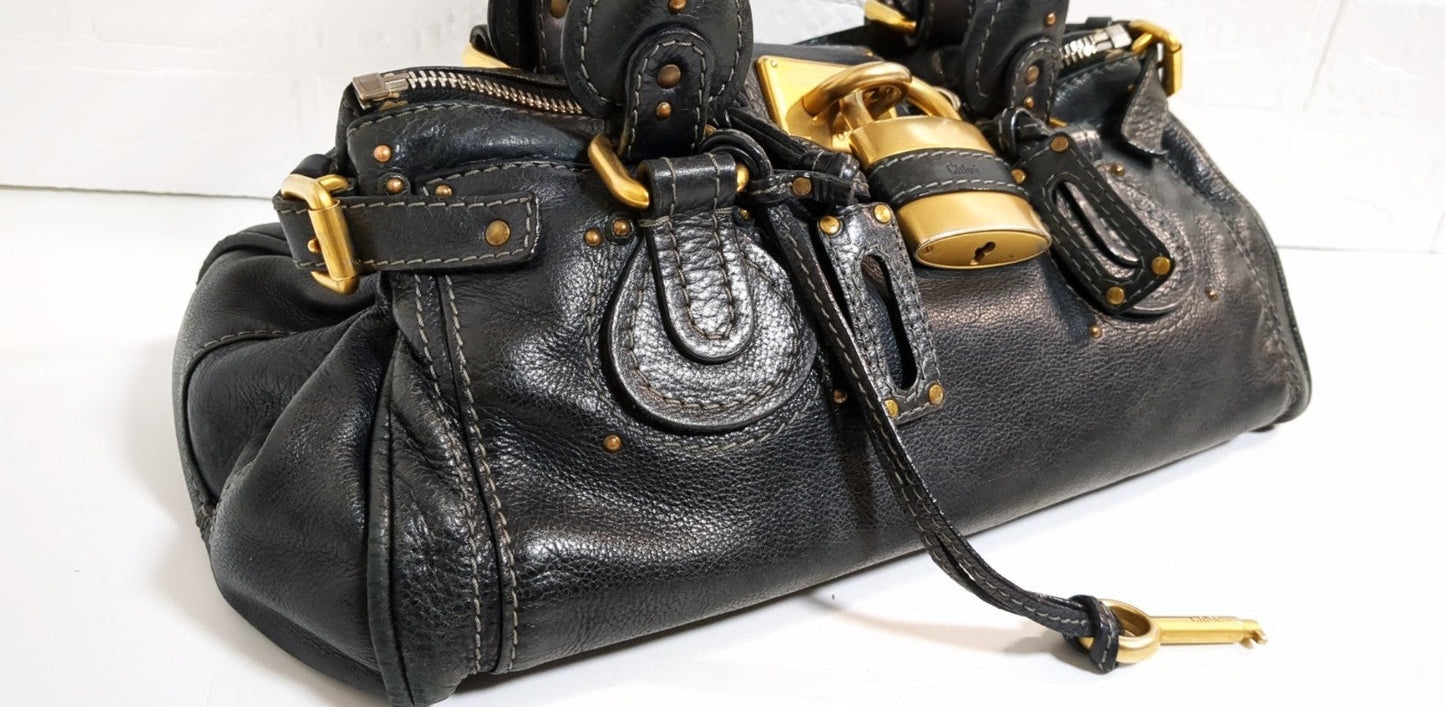 Chloe Paddington Black Leather Satchel Bag w/Padlock & Key Authentic Vintage✨