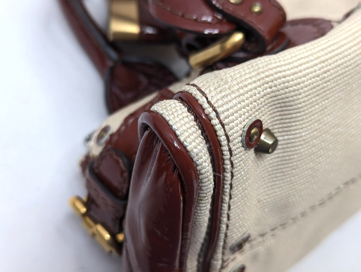 Chloe Paddington Leather Padlock Key Tote Shoulder Bag Red Ivory Women's Auth