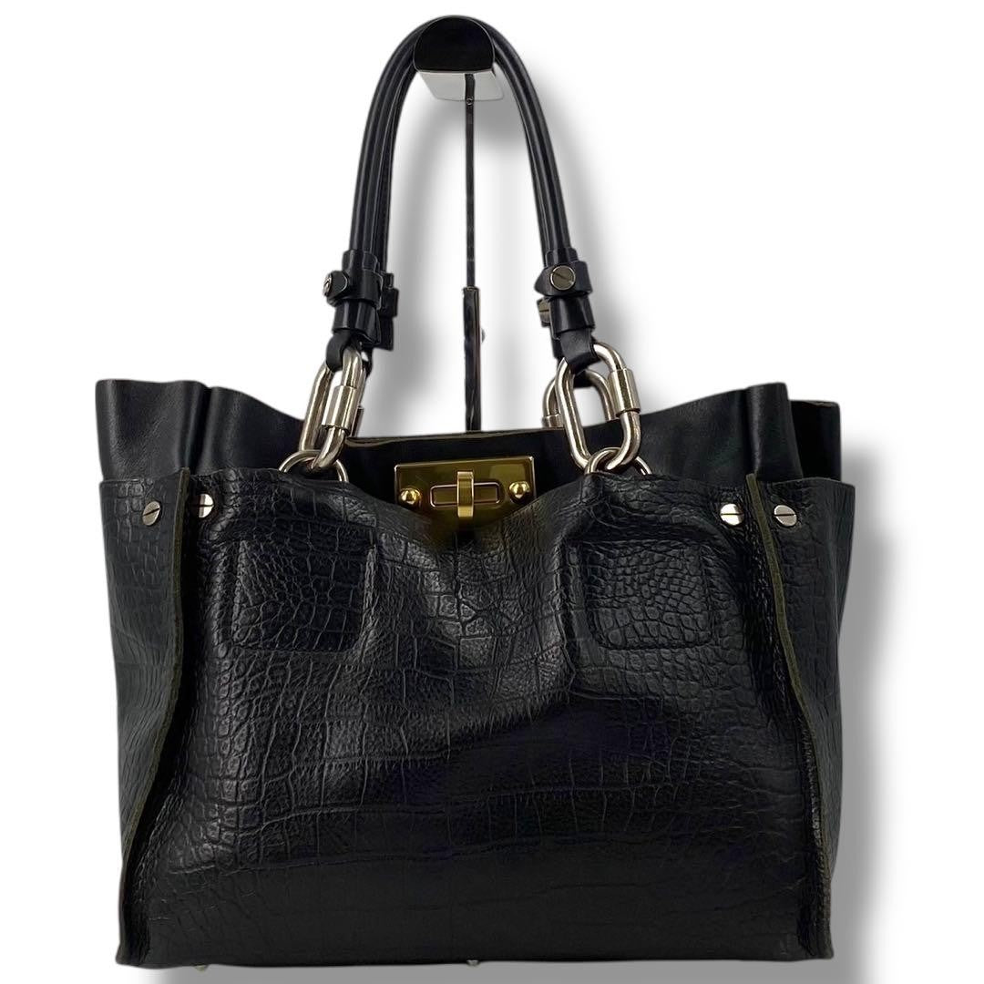 Auth Chloe Black Leather Turn Lock Tote Bag Vintage Shoulder Bag A4 Large Japan