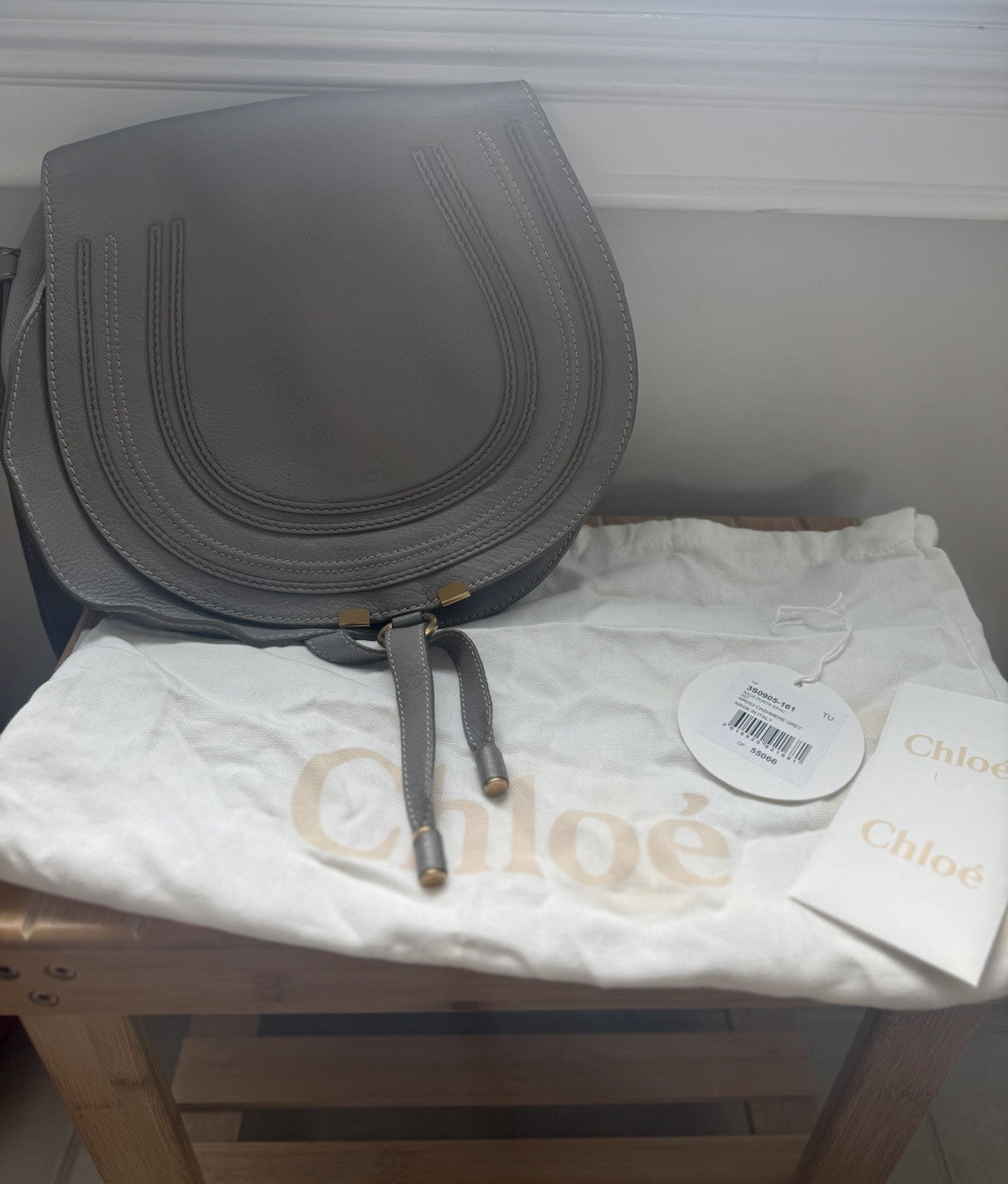 Authentic Chloé Marcie Medium Saddle Bag Cashmere Grey Leather Crossbody