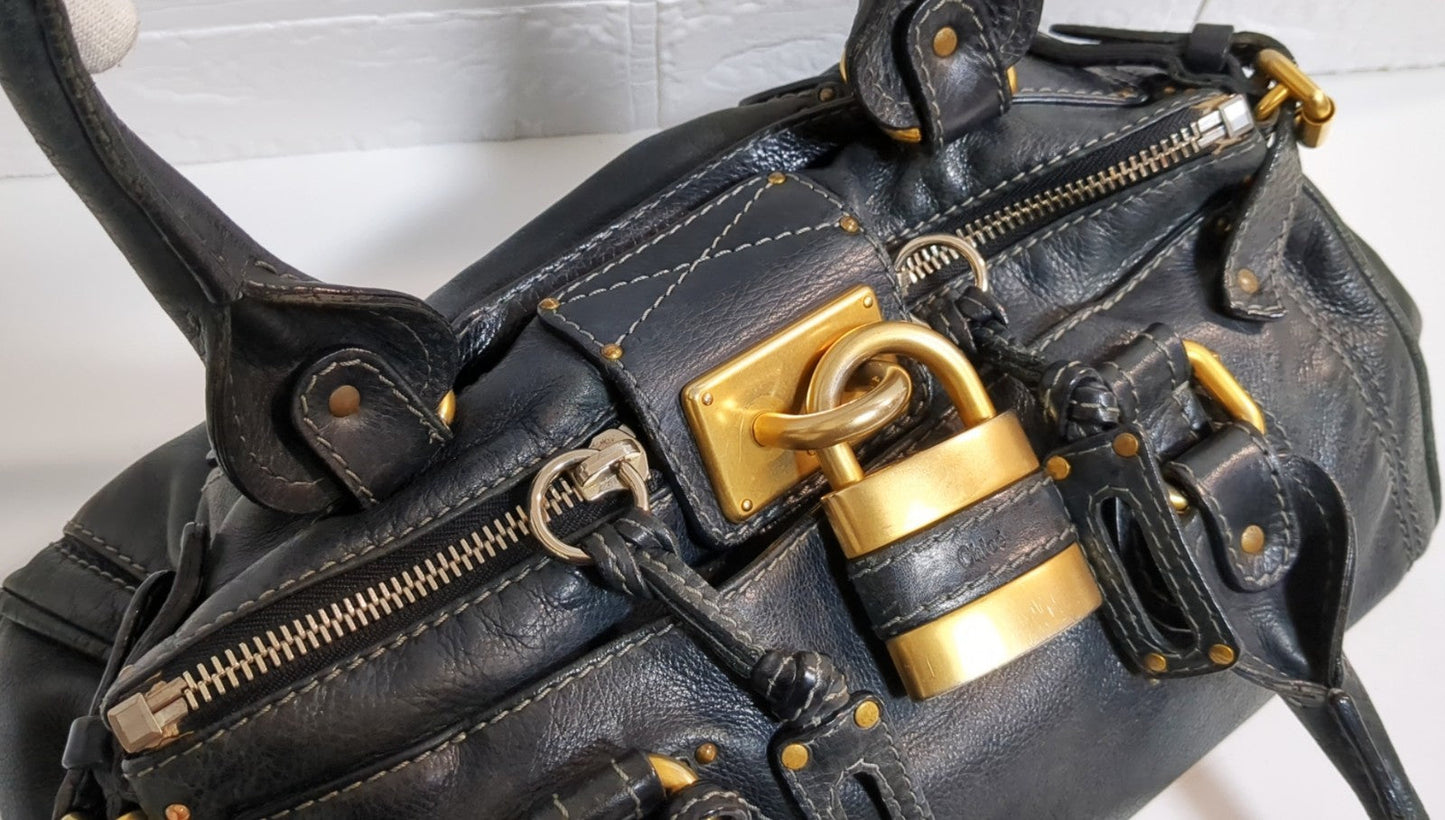 Chloe Paddington Black Leather Satchel Bag w/Padlock & Key Authentic Vintage✨