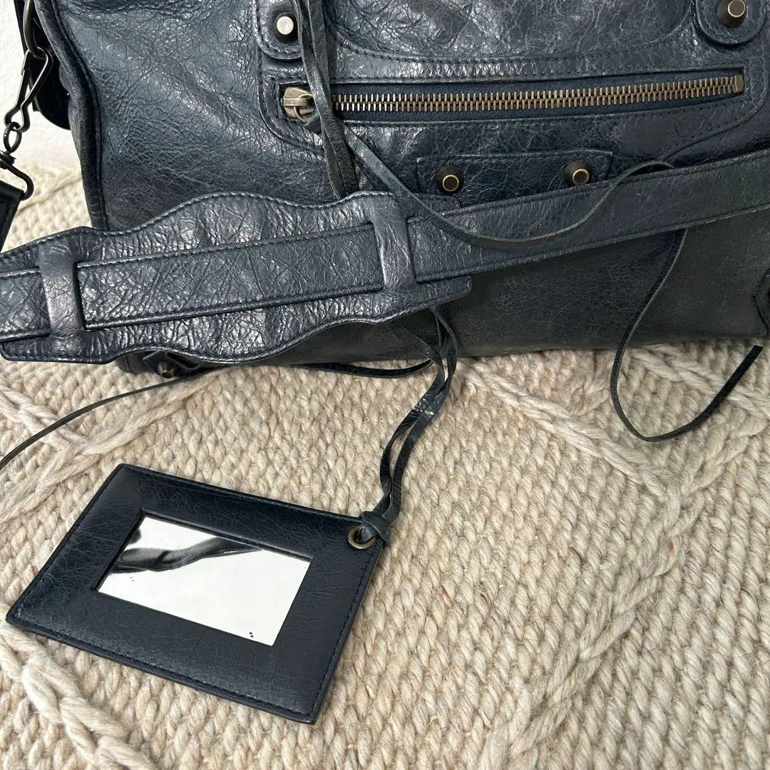 Auth Balenciaga The City 115748 Bag Black Navy leather w/ mirror , strap