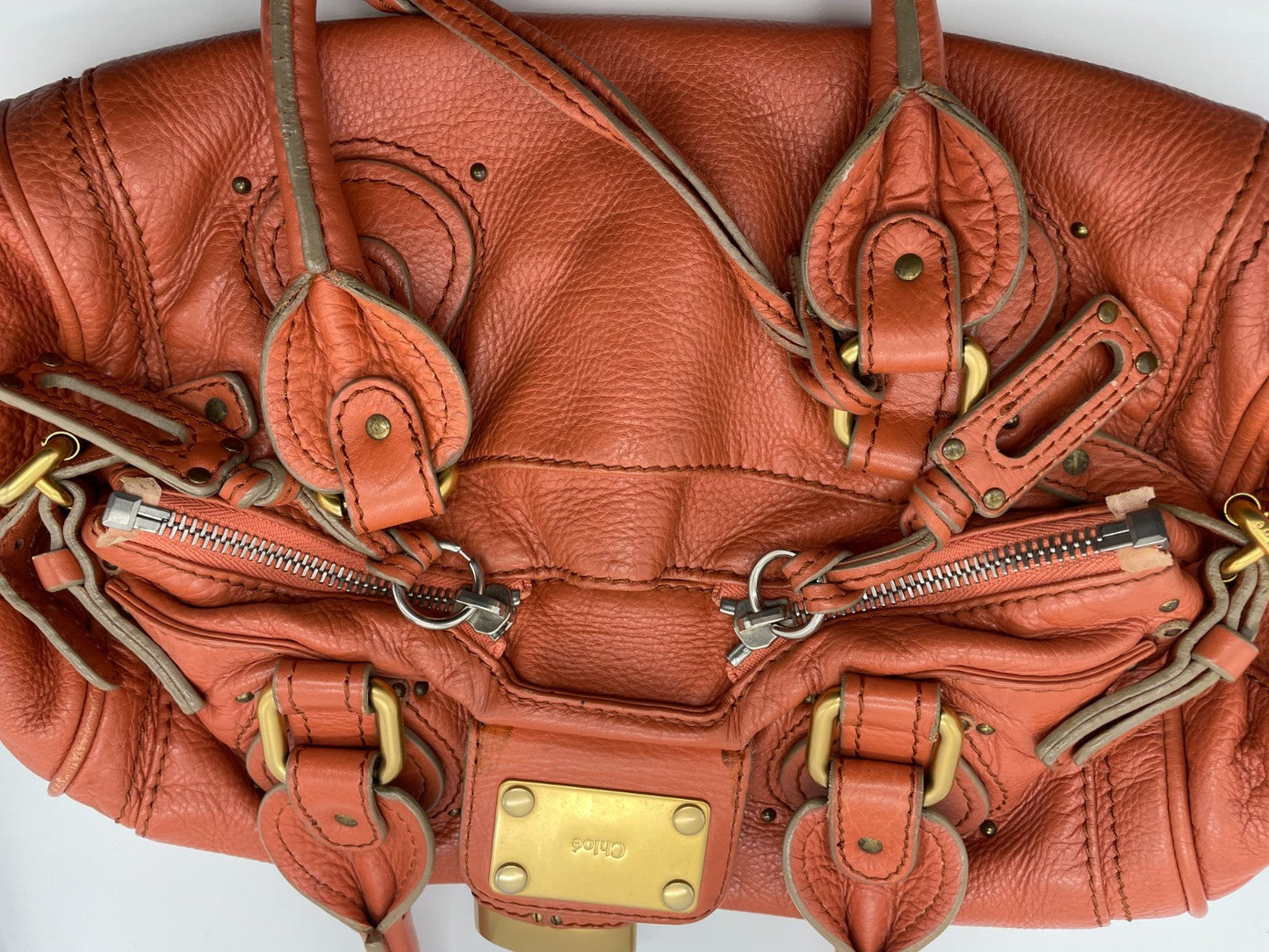 Chloe Paddington Handbag Shoulder Bag Red Orange Padlock Leather Key Auth 251010