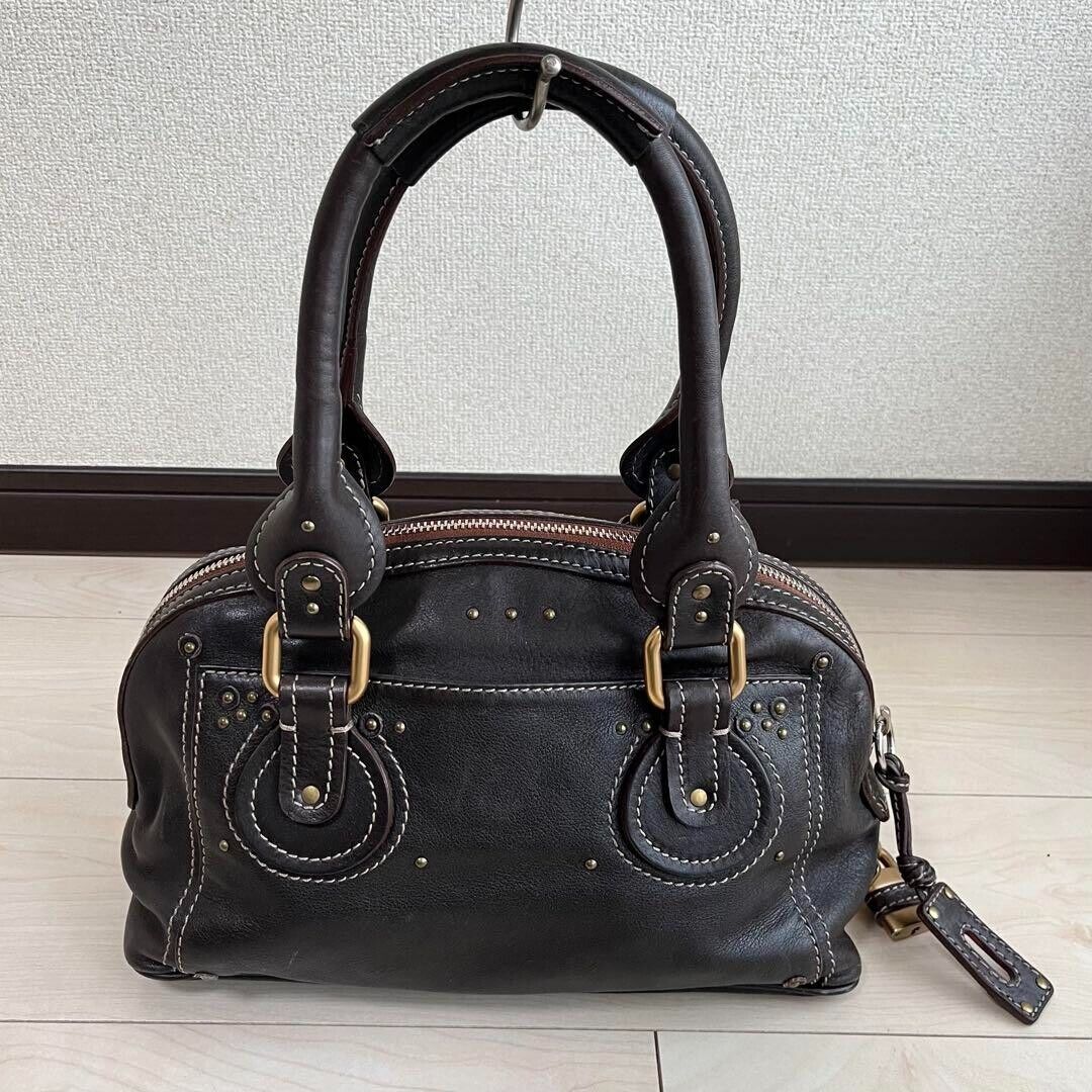 Chloe paddington gold padlock key dark brown hand bag mini boston bag used 2501m