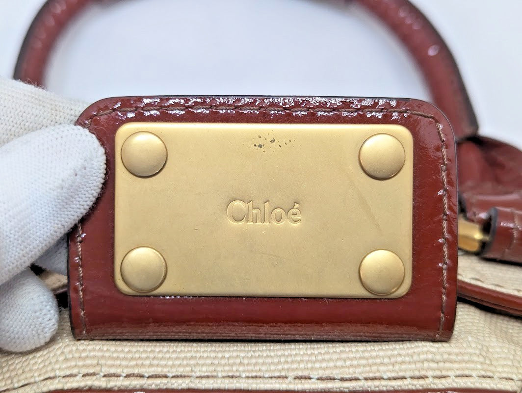 Chloe Paddington Leather Padlock Key Tote Shoulder Bag Red Ivory Women's Auth