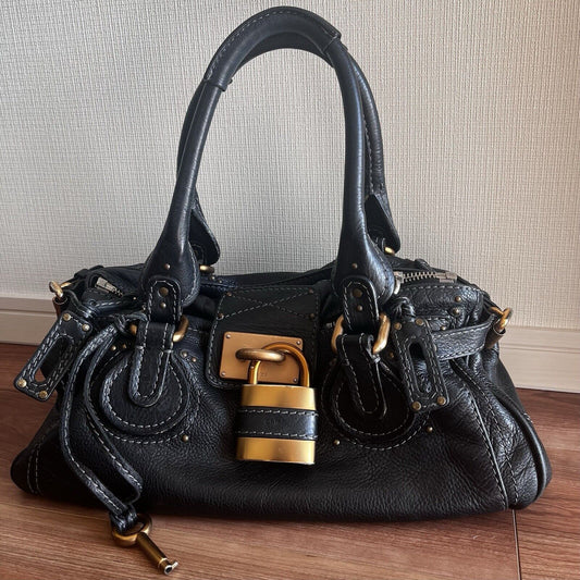Chloe paddington leather hand bag black leather medium padlock key free shipping