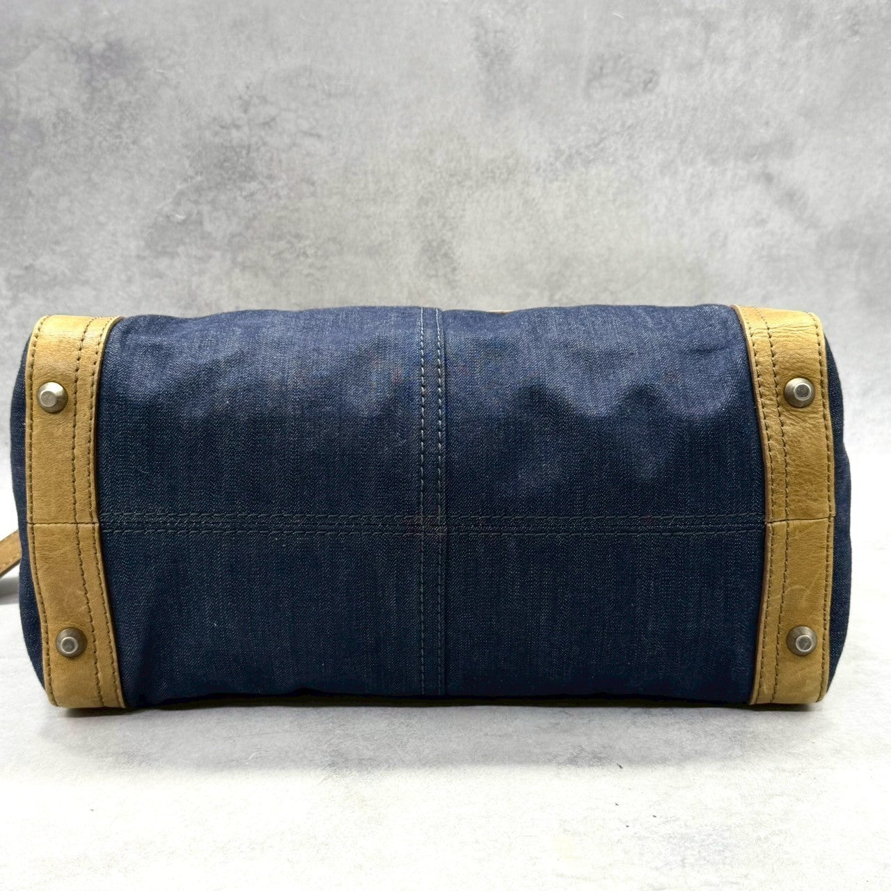 Chloé Authentic Denim Canvas Boston Bag with Leather Trim Embossed Logo