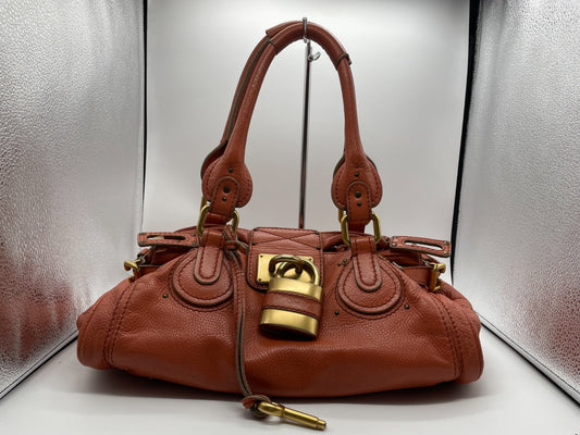 Chloe Paddington Handbag Shoulder Bag Red Orange Padlock Leather Key Auth 251010