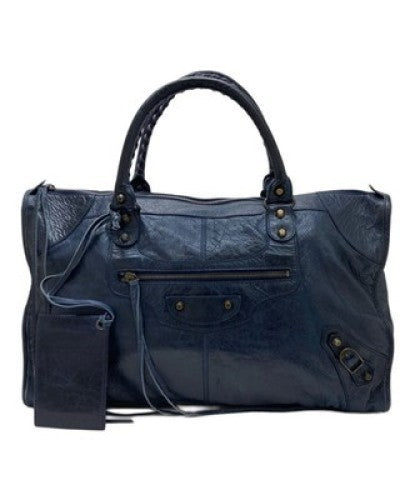 Auth Balenciaga The Work City Tote Bag Navy Blue Leather Handbag 132110 Italy