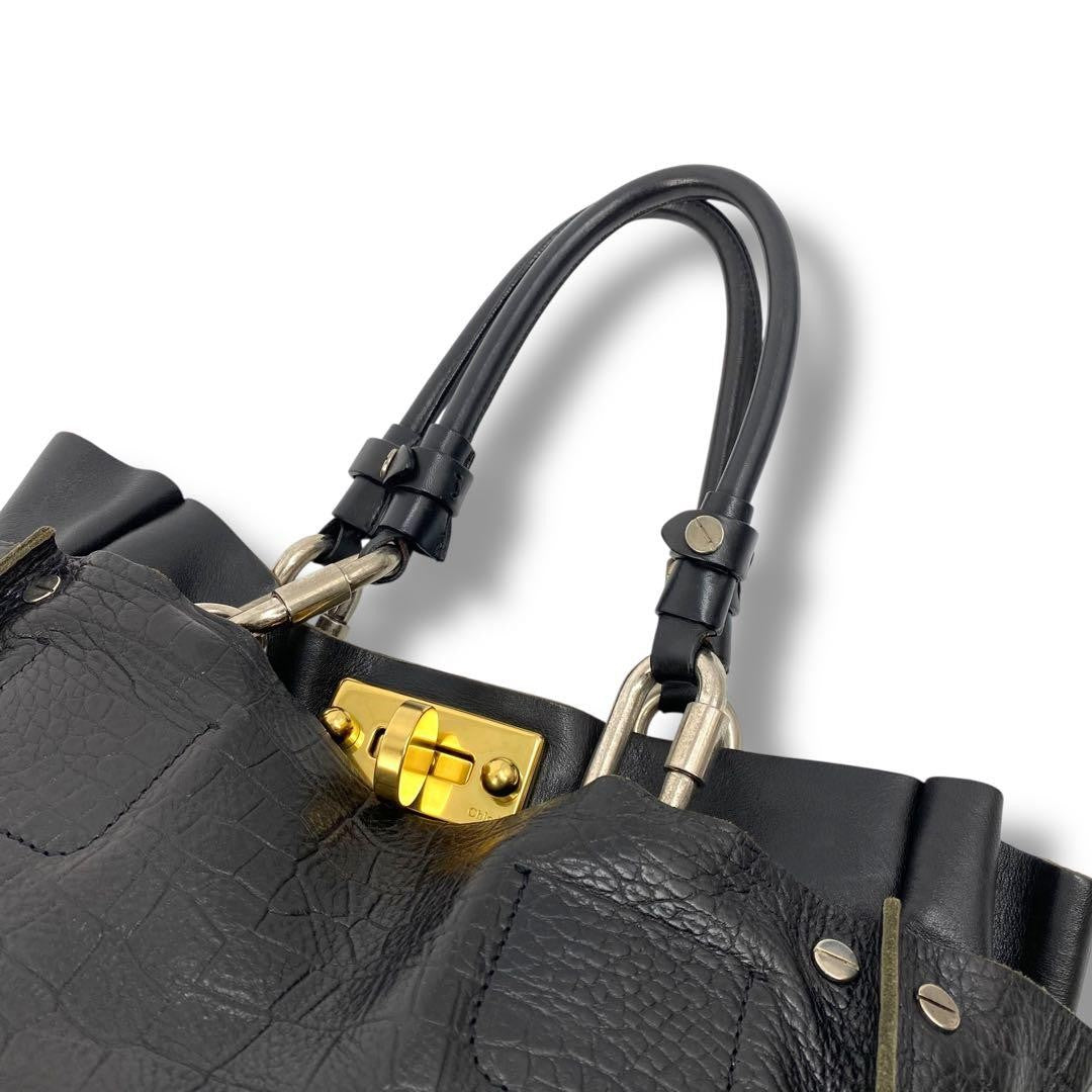 Auth Chloe Black Leather Turn Lock Tote Bag Vintage Shoulder Bag A4 Large Japan