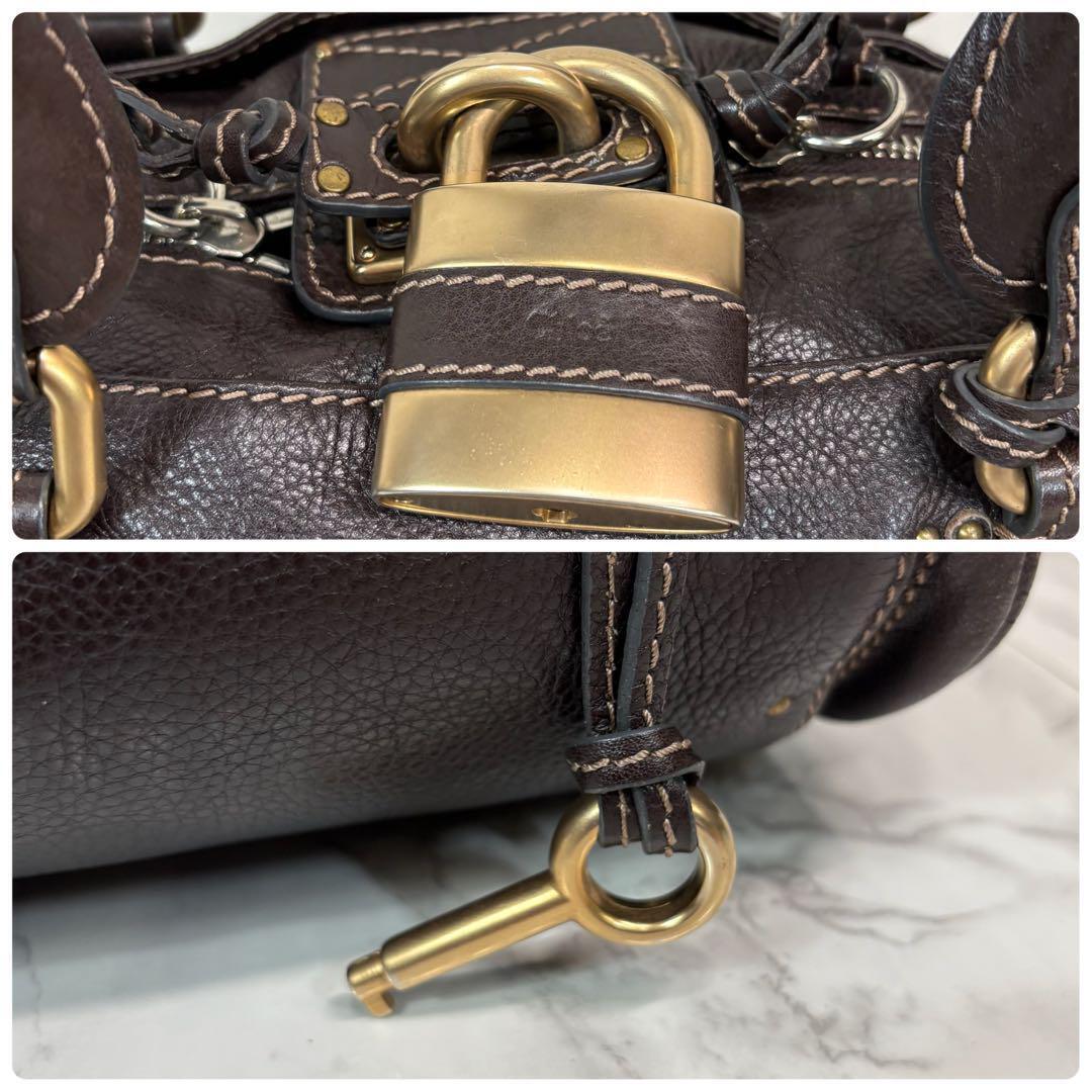 Chloe paddington hand bag leather dark brown with padlock key used authentic