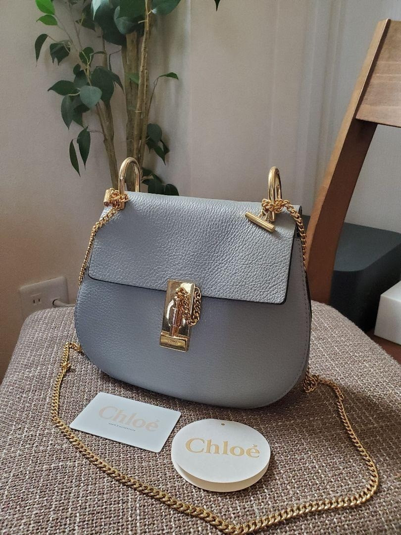 Chloe Drew Light Blue Leather Shoulder Bag with Chain - Women's Authentic Design