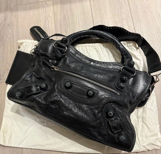 Balenciaga The Giant City Covered Black Leather 204529 2Way Shoulder Bag Auth