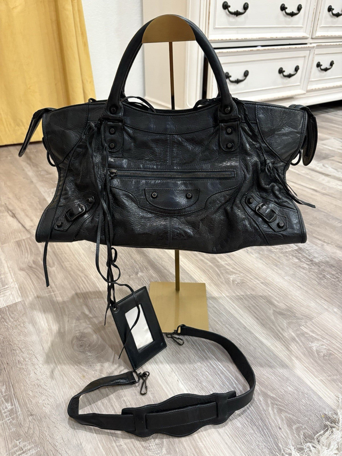 Balenciaga Black Biker Bag Distressed Shoulder Bag Mirror Studded Tassel