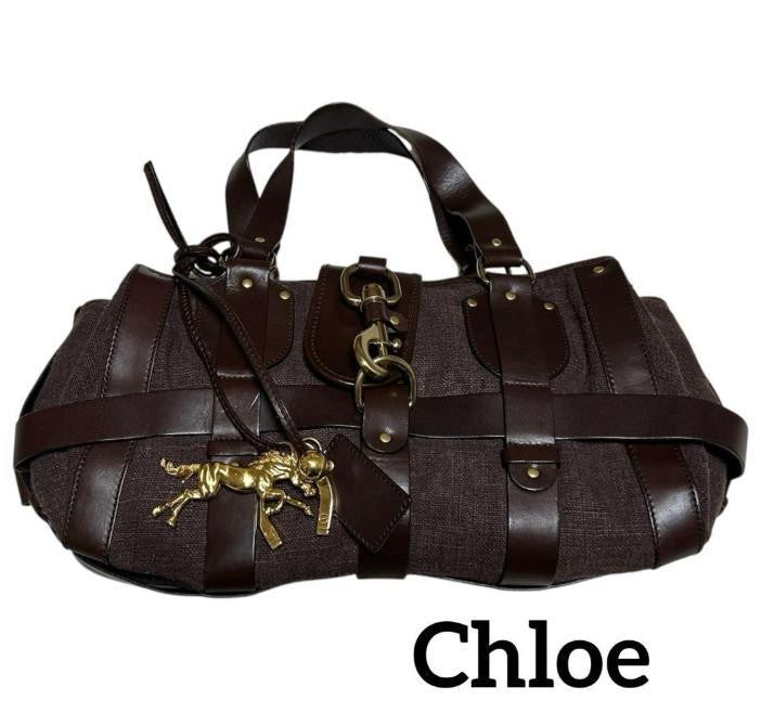 RARE Chloe Kerala brown Canvas Leather Handbag Tote Bag Gold Horse Charm