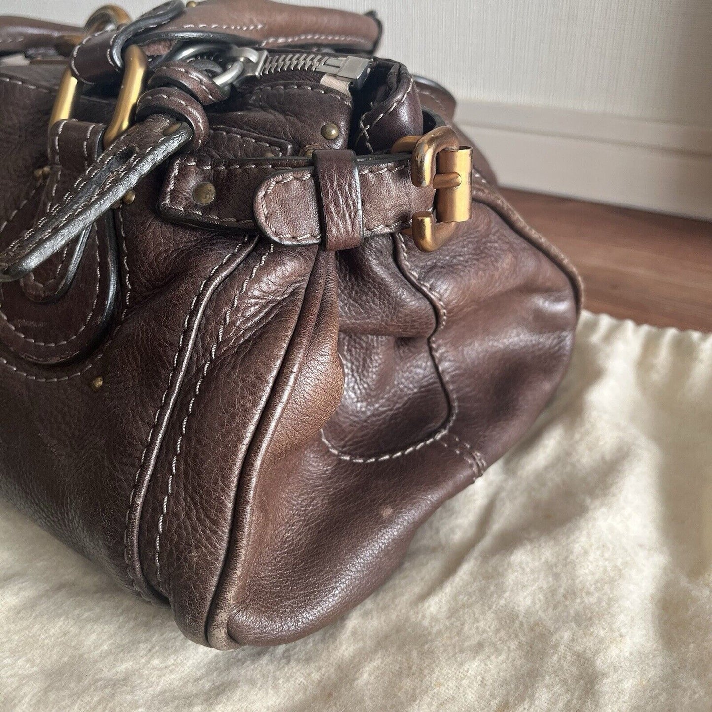 Chloe paddington leather hand bag dark brown leather medium padlock key f s